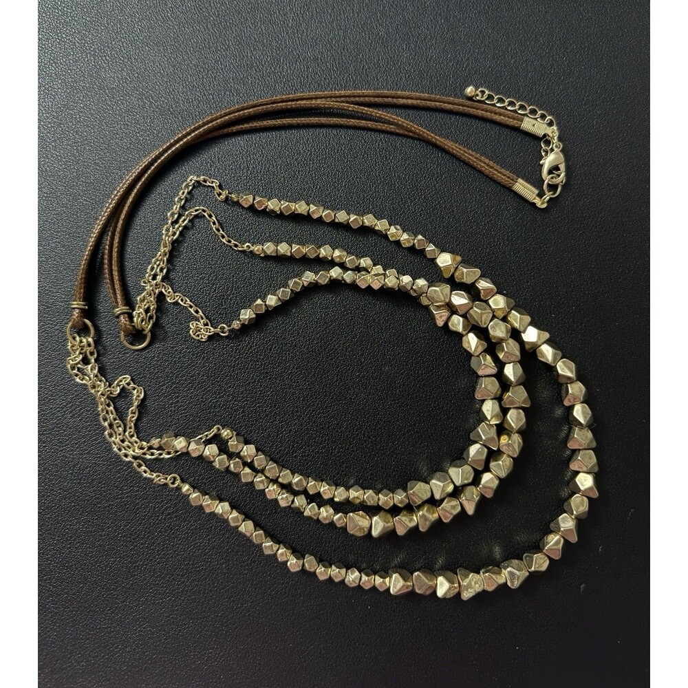 Boho Multi Strand Gold Tone Beaded Necklace Brown Cord Adjustable 36"